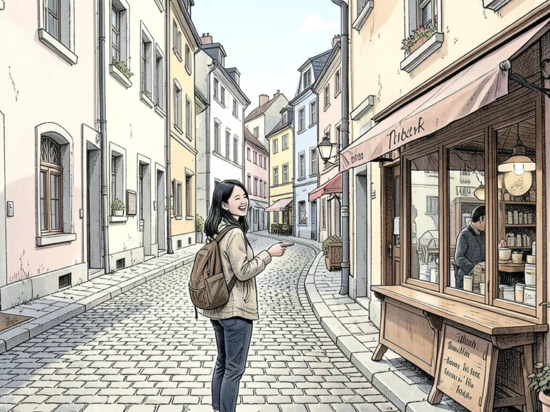 charming European city street with local cafes and residential buildings away from tourist crowds