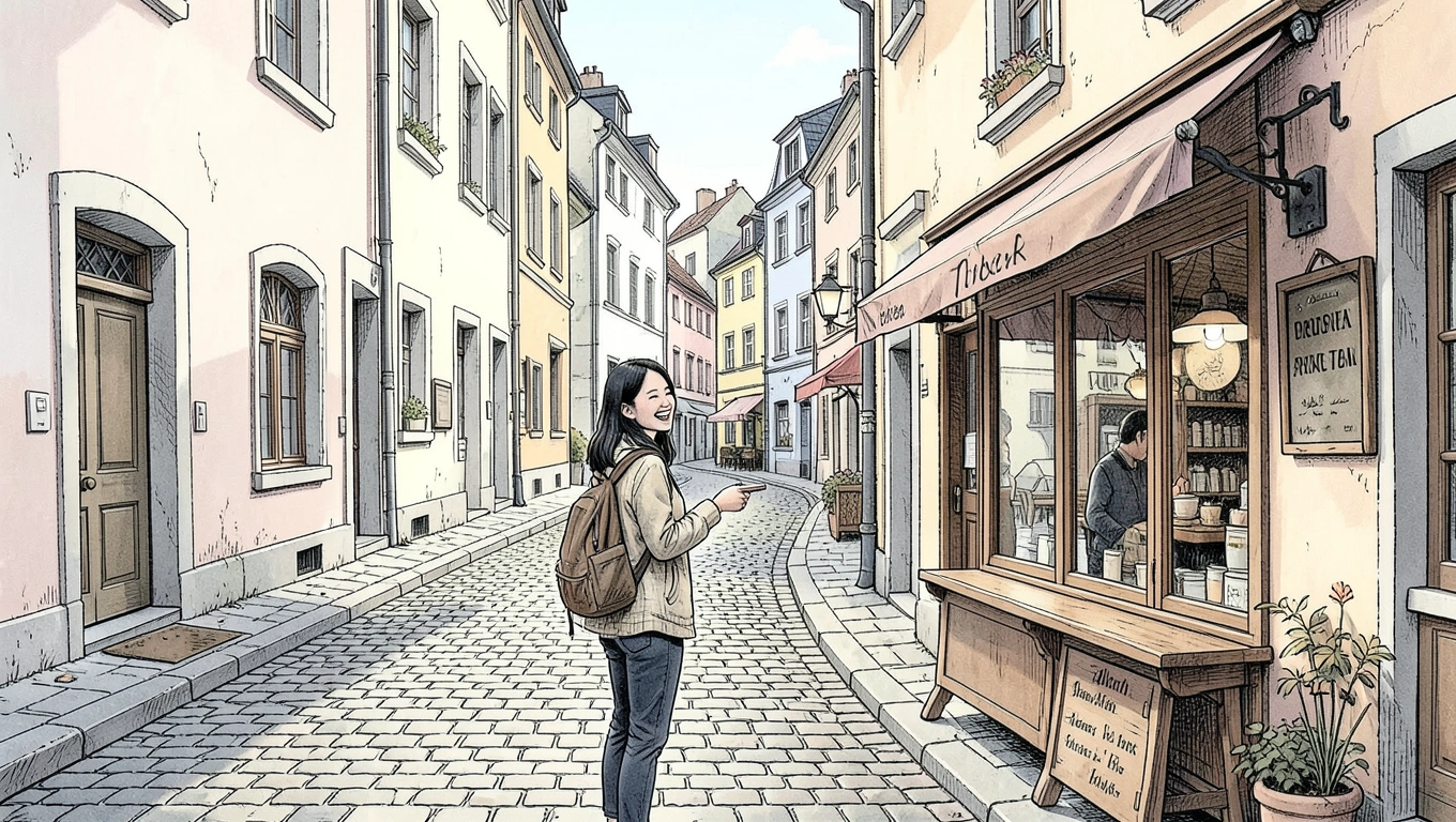 charming European city street with local cafes and residential buildings away from tourist crowds