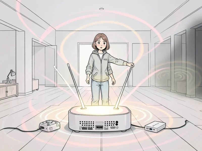 Modern wifi router positioned centrally in home with signal coverage illustration
