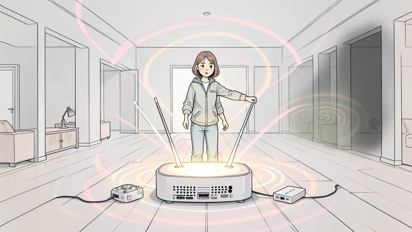 Modern wifi router positioned centrally in home with signal coverage illustration