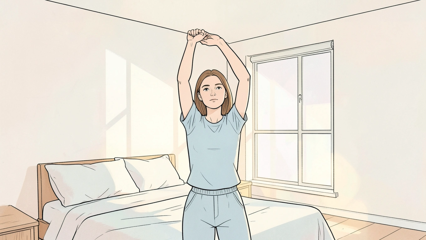 person doing gentle morning stretches in bedroom with natural light