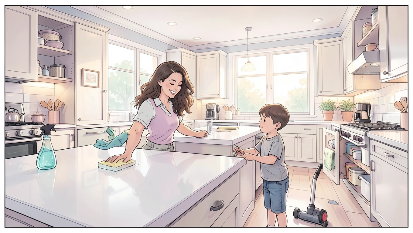 family working together cleaning and organizing their home during weekend