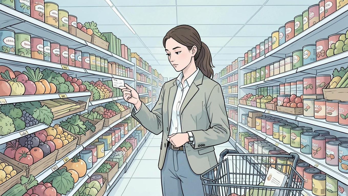 Shopping cart filled with groceries next to a handwritten shopping list and meal plan