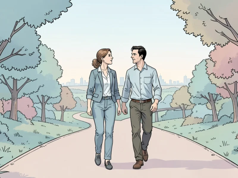 Two professionals having a walking meeting outdoors on a park path