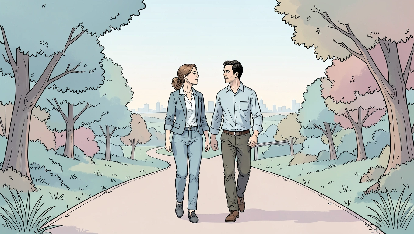 Two professionals having a walking meeting outdoors on a park path