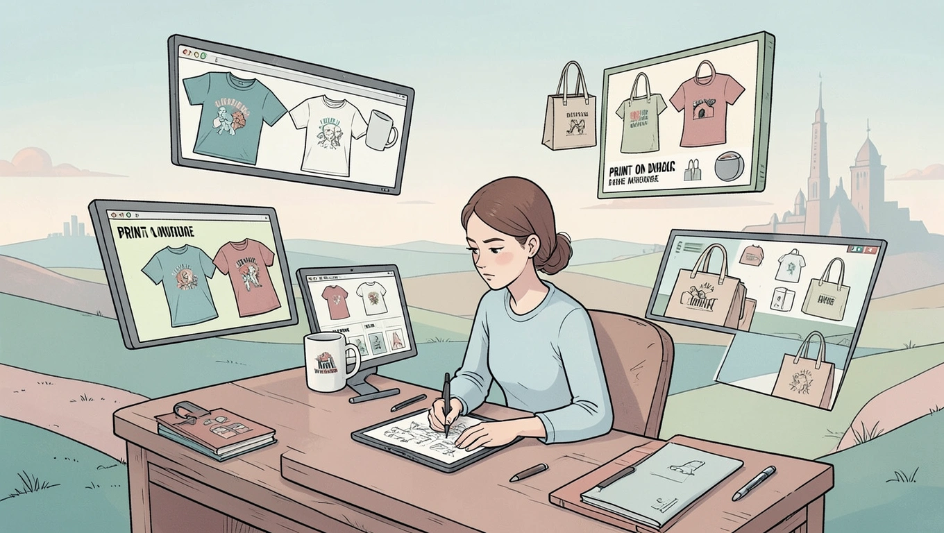 Person reviewing print on demand product designs on laptop screen