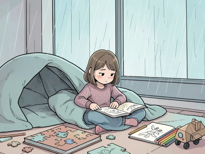 Child doing independent craft activity at table on rainy day