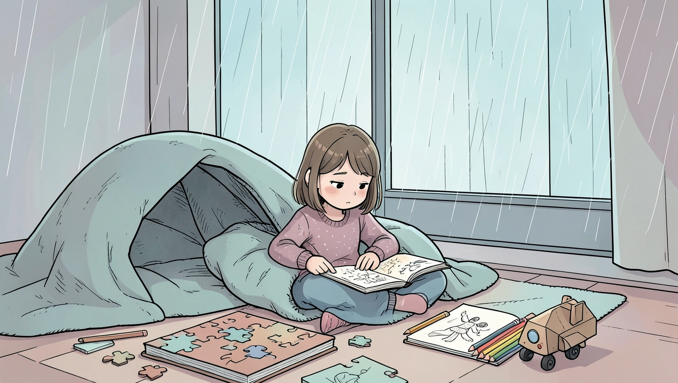 Child doing independent craft activity at table on rainy day